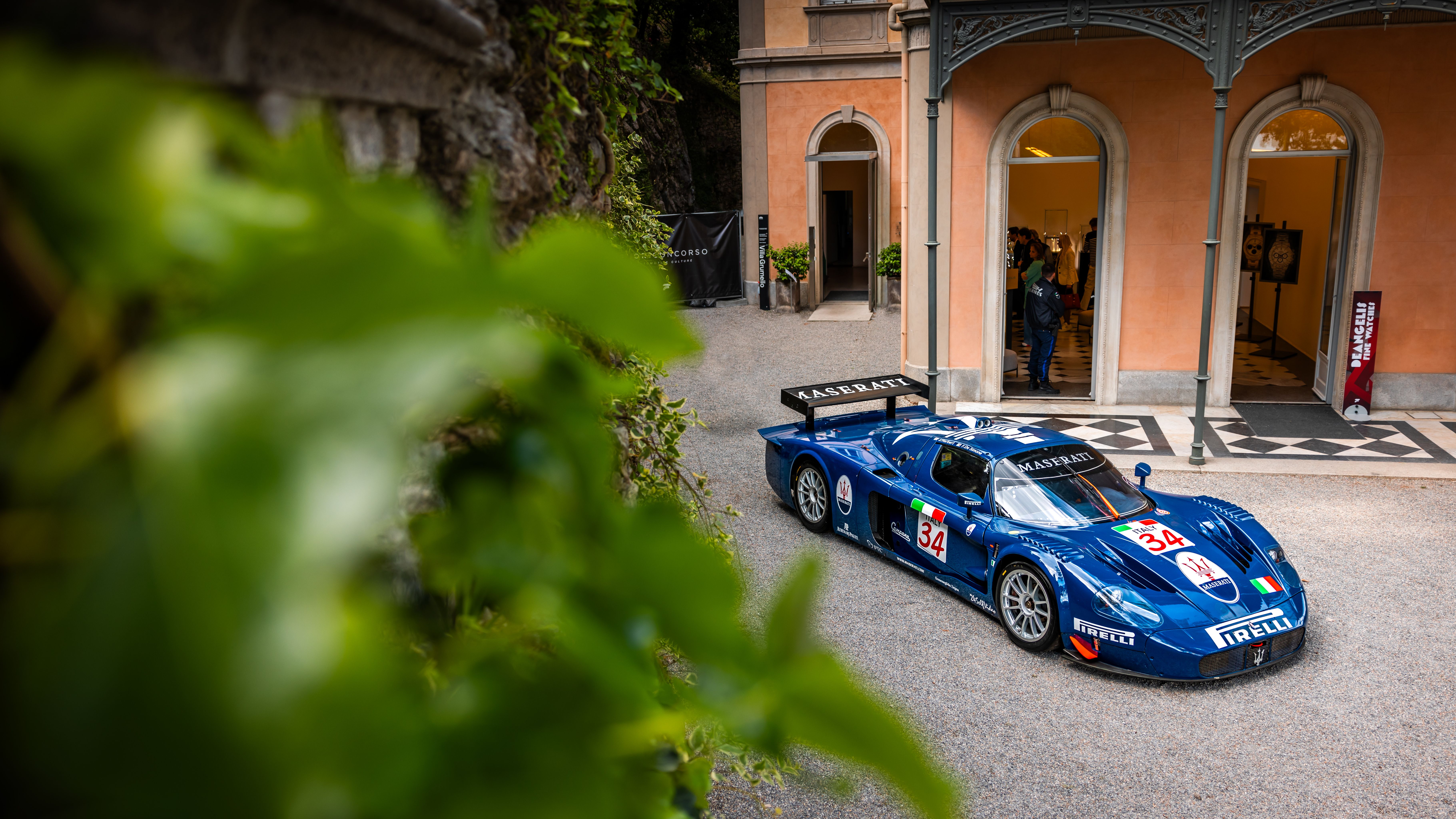 Maserati MC12 GT1 in blue and white race livery, front view
